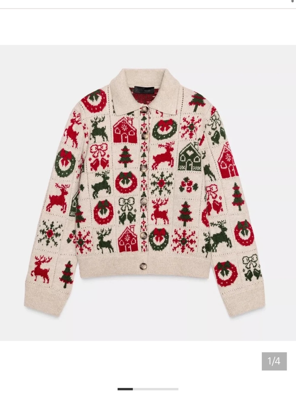 Zara Cream Knit Holiday Cardigan with Red & Green Motifs